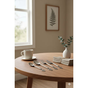 Ensemble de couverts en acier inoxydable écologiques de designer, manche en forme de feuille, vaisselle de fête minimaliste, légers et compatibles lave-vaisselle - Product Image 1