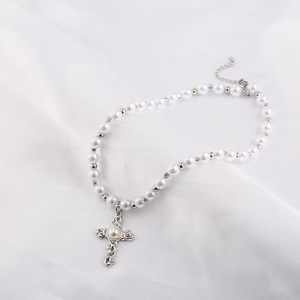 European American Fashion Imitation Pearl Rhinestone <b>Cross</b> Pendant Necklace For Men Women Titanium Steel Beaded <b>Chain</b> Everyday - Product Image 3