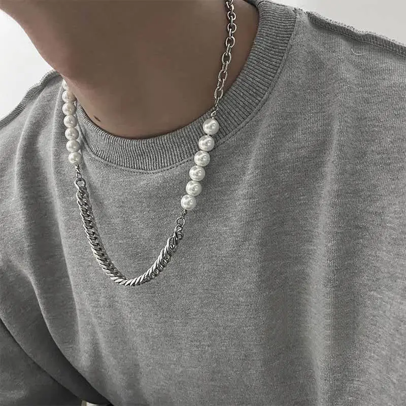 2020 Hot New Fashion Men's Pearl Jewelry Stainless Steel Cuban Link Chain + Pearl Necklace Mens Hip Hop Necklace Wholesale