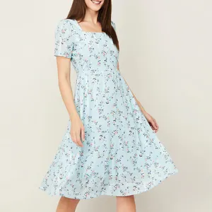 Женское платье, Оптовая продажа, повседневное облегающее платье до колена с синим принтом, с коротким рукавом и расклешенным подолом