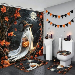 Cortina de Ducha de Poliéster con Diseño de Calabaza de Bruja Fantasma Blanca, Cortina de Baño con Impresión Digital, Impermeable, Impresión Personalizada, Venta al por Mayor, Moderna - Product Image 1