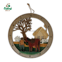 Peint à la main en bois rustique sculpté orignal cerf tête d'animal rond tenture murale décoration écologique 34cm maison bois artisanat