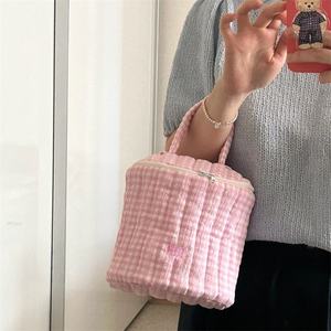 Wholesale Cotton Plaid Printing Cosmetic <b>Bag</b> Portable Travel Makeup <b>Bag</b> <b>for</b> <b>Women</b> 7 Inches Cylinder <b>Bag</b> with Handle - Product Image 4