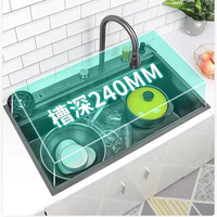 Cascade volante robinet extractible noir gris, lave-gobelet en acier inoxydable 304 nano moderne profond grand évier de cuisine avec passoire