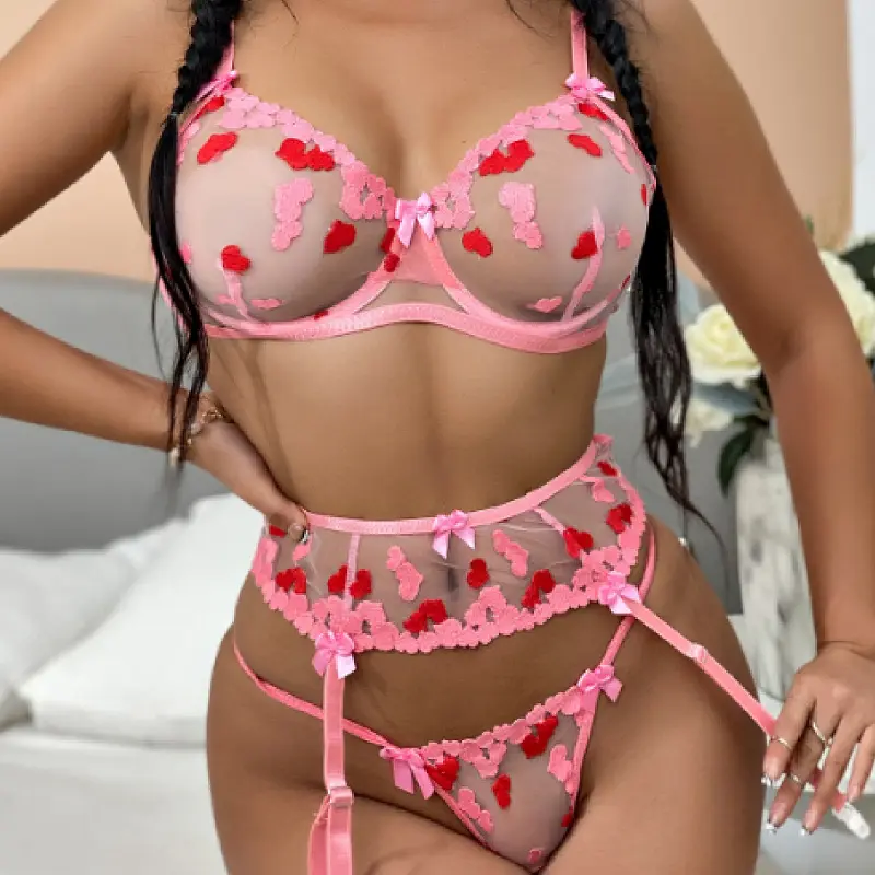 OLAF – ensemble de Lingerie rose pour femme, 3 pièces, Sexy, pour la saint-valentin, sous-vêtements Sexy avec jarretière, sexe mûr, cœur, Lingerie pour dames