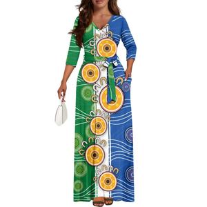 Mindestbestellmenge=1 Maßgeschneidertes Abendkleid im Aborigine-Stil mit Punktmalerei, Luxuriöses Elegantes Damenkleid mit V-Ausschnitt, Langes Kleid für Abschlussball und Partys, Print-on-Demand - Product Image 3