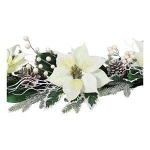 ほぼ天然つや消しマグノリア & ベリー人工ガーランドロングバーホワイトグリーンベリーパインコーンホワイトデコレーション - Product Image 4