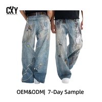 Jean droit en denim ODM pour homme, en coton épais, style streetwear, taille mi-haute, délavage moyen, imprimé 3D, collection printemps