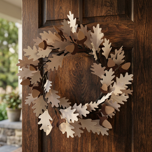 Couronne de Noël rustique en métal avec feuilles de chêne, fleurs décoratives faites à la main, couronne ronde non éclairée, emballage en une seule pièce - Product Image 2