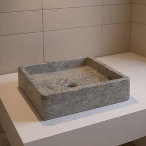 Lavabo Cuadrado de Mármol Gris para Baño, 15.7"x15.7"x3.9", Diseño Moderno, Montaje Sobre Encimera - Product Image 2
