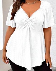 Blusa/Camisa de Manga Corta con Cuello en V, Informal, Lisa, Entallada, con Nudo, para Mujer, Talla Grande, Primavera, Verano, Otoño, Joyinspring - Product Image 1