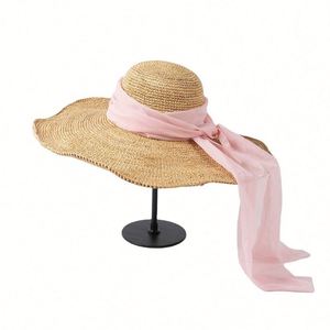 Sombrero de Paja de Lujo para Mujer, Diseño de Verano, Tejido a Mano, Rafia, Ala Ancha, Rayado, para Salidas Diarias Informales al Aire Libre - Product Image 1