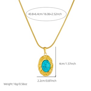 European American Retro Oval Blue Turquoise Geometric Pendant Snake Chain Stainless Steel Gold Plated Necklace Gift - Product Image 4