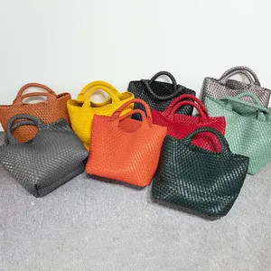 Chất Lượng Cao Làm Bằng Tay Dệt PU Leather Tote Túi Công Suất Lớn Túi Đeo Vai Thông Thường Bện Túi Xách Với Túi Ly Hợp