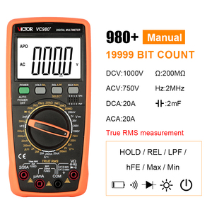 VC980 + 19999 Contando Protección inteligente Gran capacitancia True <span class=keywords><strong>RMS</strong></span> Retroiluminación Mastech Multímetro - Product Image 2