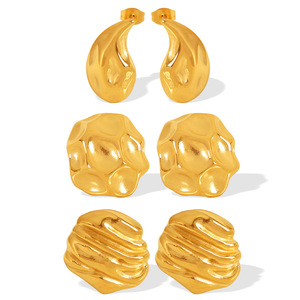 Geometric <b>Stud</b> Earrings Gold Plated <b>Titanium</b> Steel Irregular Texture For Women - Product Image 5