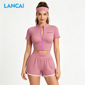 2026 Women 3 Piece Activewear Set Short Sleeve Zip Crop Jacket Booty Shorts Headband Yoga Gym Workout Fitness Outfit Sportswear - Product Image 5
