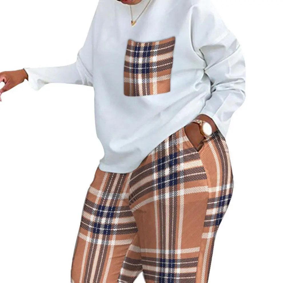 Ladies Casual loose fitting two-piece suit Drawstring Printed long sleeve top Trousers set