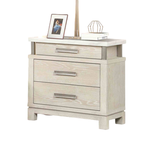 Transitional Nightstand Marble Top Metal Handles Weathered Gray Finish 3 <b>Drawer</b> Storage Unit Bedroom Furniture - Product Image 2
