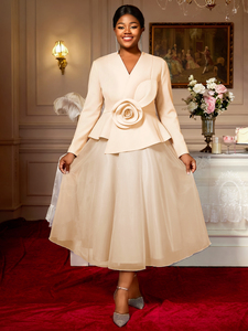 AM050917 Elegante Abito da Sera con Scollo <span class=keywords><strong>a</strong></span> V, <span class=keywords><strong>Maniche</strong></span> <span class=keywords><strong>Lunghe</strong></span> in Rete, Linea ad <span class=keywords><strong>A</strong></span> e Grande Fiore, Lunghezza Midi - Product Image 1