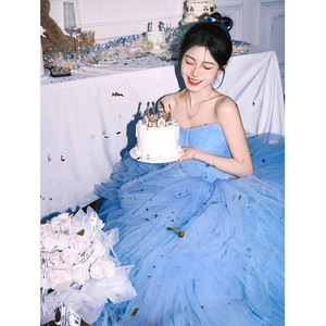 Blue Strapless Tulle Ball Gown Empire Waistline Wedding Dress Bridal Gown Birthday Dress - Product Image 3