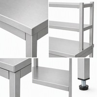 Table de travail multi-niveaux en acier inoxydable avec étagère supérieure, plan de travail central, étagère inférieure et pieds réglables