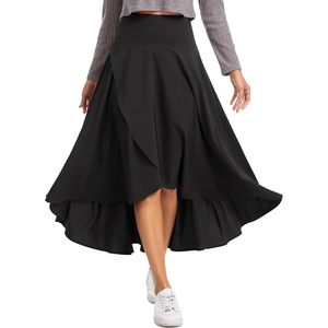 Jupe longue fluide taille haute pour femme FOXA, ourlet asymétrique, short intégré, couleur unie, vêtement de fitness - Product Image 3