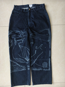 Jean en denim pour homme à double genouillère, coupe large, en denim indigo épais, imprimé graphique, coupe décontractée, style High Street, Archive, personnalisé OEM, délavé à l'acide - Product Image 1