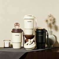 Tasse à café isotherme en acier inoxydable à double paroi de 380 ml avec double couvercle, gobelet de voyage portable avec cordon, mug à café isolé pour voiture