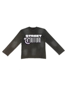 T-Shirt Street Gothic con Design Testuale Sfumato Blu, Lavaggio Nero, Manica Lunga, Streetwear Oversize, Maglietta da Uomo - Product Image 1