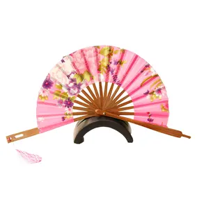 Gran oferta, venta al por mayor, ventilador de bambú redondo de estilo japonés, ventilador de mano plegable con molino de viento