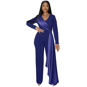 <span class=keywords><strong>Mono</strong></span> elegante de primavera para mujer, ajustado, con empalmes, cuello en V, manga larga, cintura alta, pierna ancha, ideal para fiestas y bodas. - Product Image 5