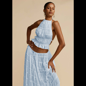 Conjunto de 2 piezas para mujer, primavera-verano, de poliéster liso, con top halter sin espalda y falda larga maxi con volantes de encaje - Product Image 3