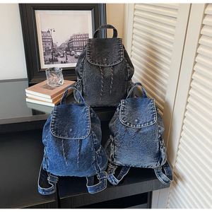 Denim <b>Backpack</b> Women Casual Square <b>Drawstring</b> Closure Lightweight Medium Capacity All Seasons Daily Use Shoulder Strap <b>Backpack</b> - Product Image 1