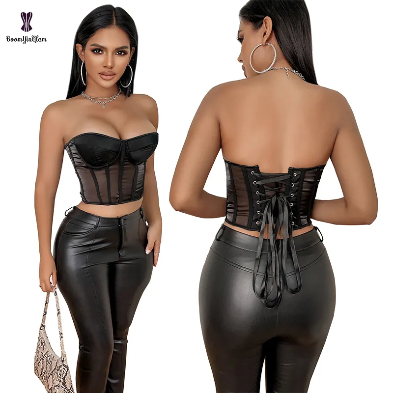 2023 New Arrival S M L XL XXL XXXL Women's Floral Lace Strapless Sheer Mesh Crop Tube Top Sexy Camisole Bustier With Bra Shaper