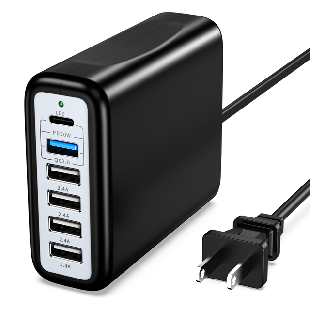 100W 6-Port USB Charging Station, PD 20W + QC3.0 Multi USB Wall Charger for Multiple Devices for Home Office