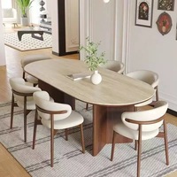 Ensemble Table et Chaises de Salle à Manger Ovale Luxe Moderne Mid-Century en Marbre et Bois Massif, 4 ou 6 Places, Ameublement Complet de Cuisine, Designs Travertin