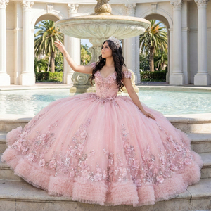 ชุดเดรสงาน Quinceanera สีชมพู รุ่น Jancember 1229 แบบกระโปรงบานระบาย แต่งดอกไม้ 3 มิติ สำหรับงานฉลองวันเกิดอายุ 16 ปี หรืองานเลี้ยงฉลอง - Product Image 1