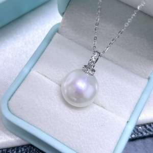 Collier pendentif en perle d'eau douce de 13-14 mm avec une forte luminosité, amincissant, grand blanc, fermoir à téton en argent 925, chaîne de clavicule - Product Image 3