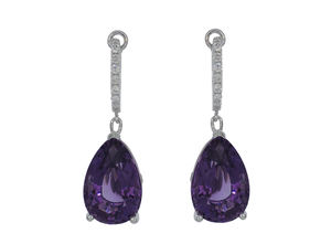 Pendientes de Oro Blanco de 18K con Gema de Amatista en Forma de Lágrima y Barra de Diamantes, Joyería Elegante para Mujer - Product Image 3