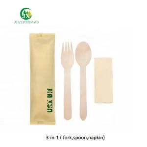 3-in-1 Content Fork Spoon Napkin Biodegradable Disposable Fiber Wooden Cutlery Set