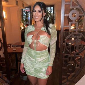 Vestido plisado con cordones de corte cruzado de manga larga estampado nuevo Ins - Product Image 2