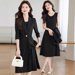 Women's Black Business Suit Set Two Piece Office Lady Crepe Long Skirt Three Quarter Sleeve Breathable Summer Style - Product Image 1