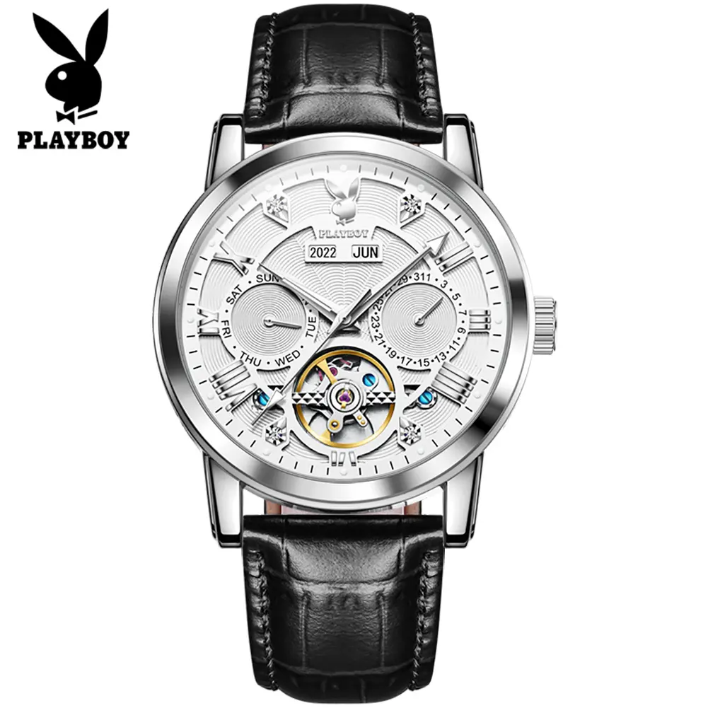 Playboy 3045 relógio de pulso masculino, relógio de couro personalizado, luxo, marca de luxo, movimento automático