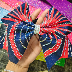 Custom Wholesale <b>Blue</b>, Pink, and White <b>Glitter</b> Rhinestone Cheerleading Bows – Shiny Cheerleading Bows - Product Image 3