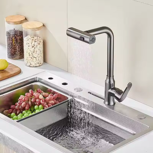 <span class=keywords><strong>Robinet</strong></span> de cuisine moderne classique monocommande en acier inoxydable avec douchette extractible, cartouche céramique, finition brossée - Product Image 2