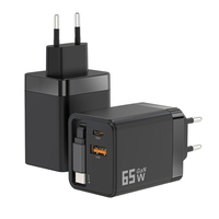Charger Dinding USB-C Tipe C PD QC3.0 Dual Port 65W Pabrik, Kabel Retraktil, Adaptor Perjalanan, Charger GaN ODM untuk Rumah
