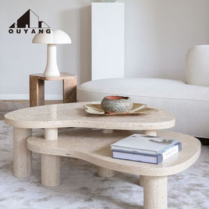 QUYANG Décoration de salon de luxe moderne <span class=keywords><strong>Table</strong></span> <span class=keywords><strong>console</strong></span> d'affichage en pierre de travertin <span class=keywords><strong>Table</strong></span> d'appoint en marbre - Product Image 6