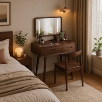 Meuble de chambre à coucher en bois de chêne, style esthétique oriental, avec commode compacte multi-tiroirs et coiffeuse intégrée