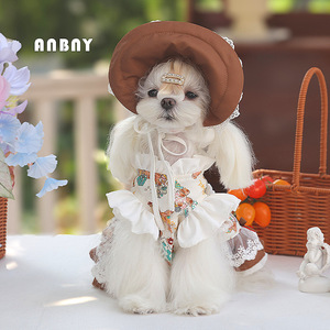 Anbny – robe de princesse pour animaux de compagnie, chapeau marron, jupe crème pour petits chiens, vêtements décoratifs quatre saisons - Product Image 3